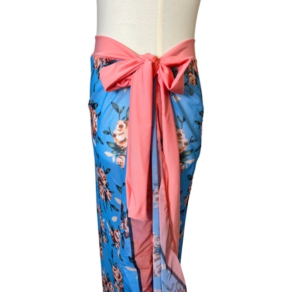 Boho Pink and Blue Floral Sarong Beach Skirt - Picture 9 of 14